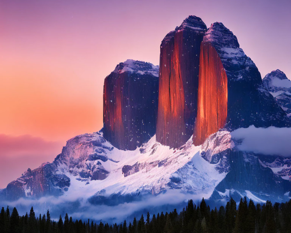 Alpenglow illuminates rock formations against pink and purple sky