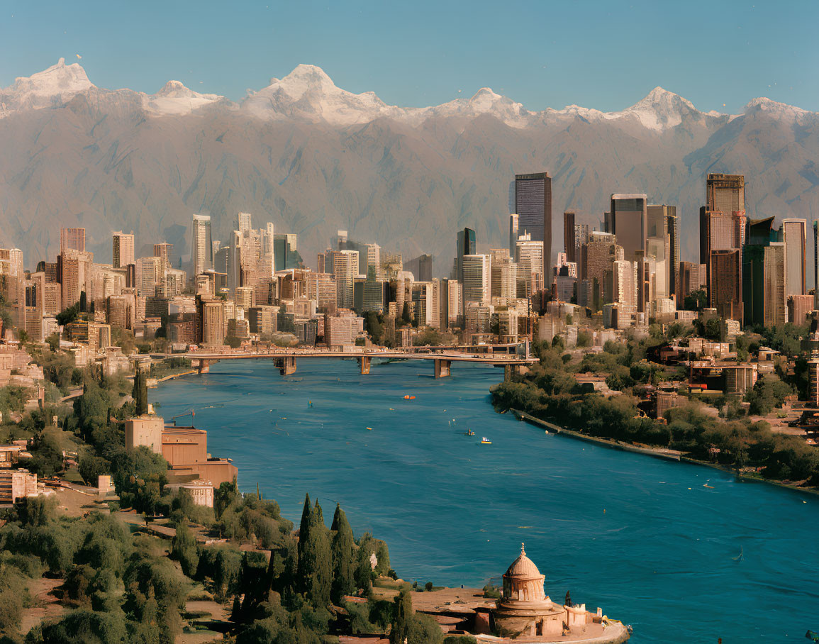 Modern cityscape with skyscrapers, river, trees, and mountains.