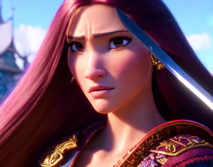 Detailed Close-Up of 3D-Animated Female Character in Purple Armor