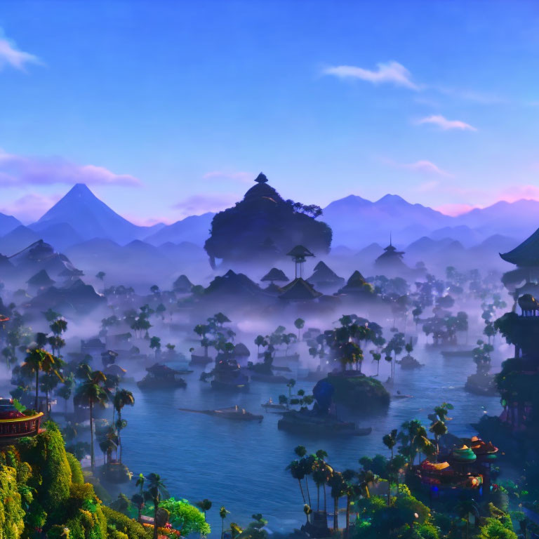 Tranquil Asian landscape with forested islets, bridges, and mountains at twilight