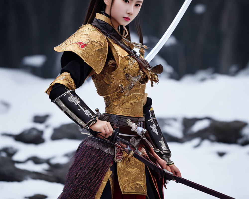 Female warrior in ornate armor wields sword in snowy landscape