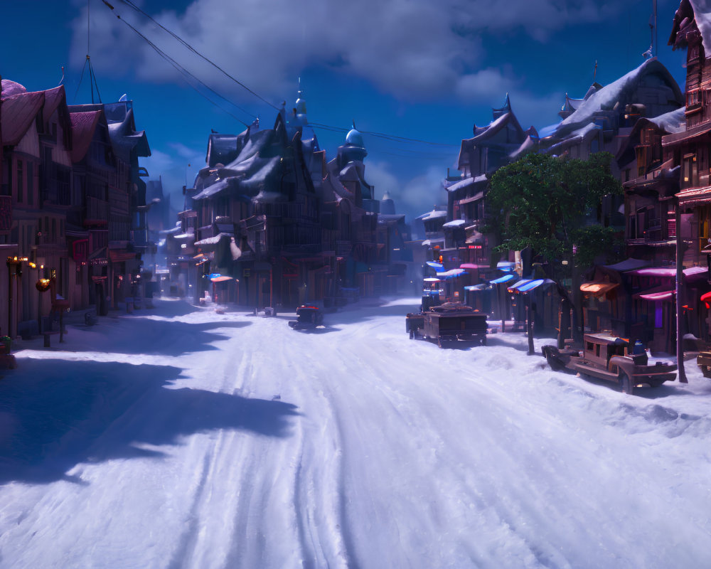 Snow-covered village street with illuminated buildings under twilight sky