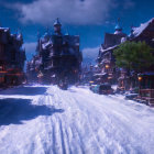 Snow-covered village street with illuminated buildings under twilight sky