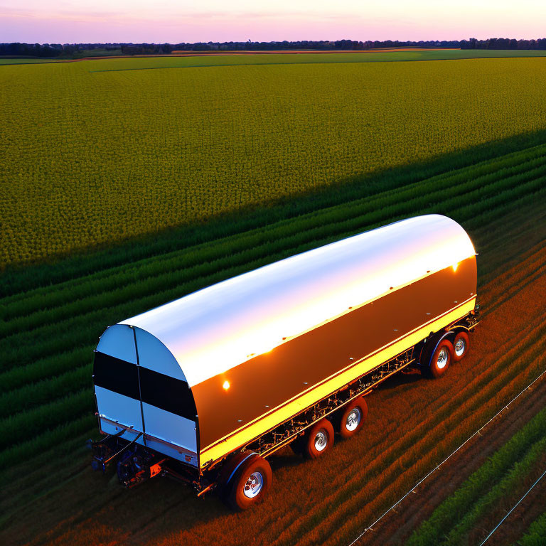 Sunset scene: Polished tanker truck in farmland with green and golden fields