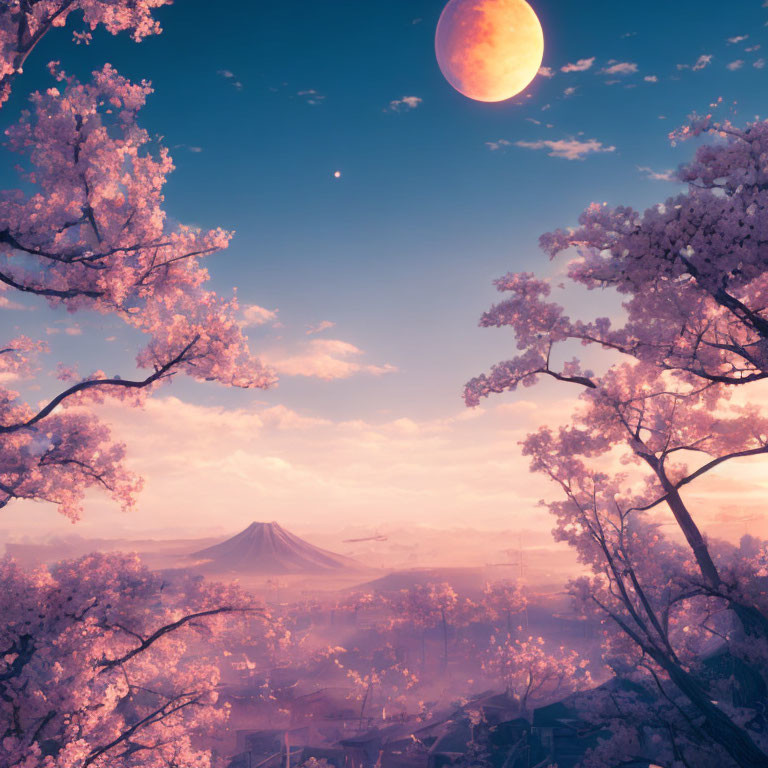 Cherry Blossoms Surround Dreamy Landscape with Mountain and Moon