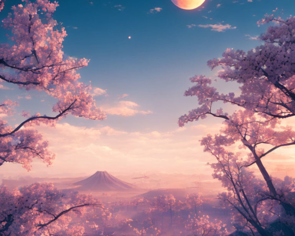 Cherry Blossoms Surround Dreamy Landscape with Mountain and Moon