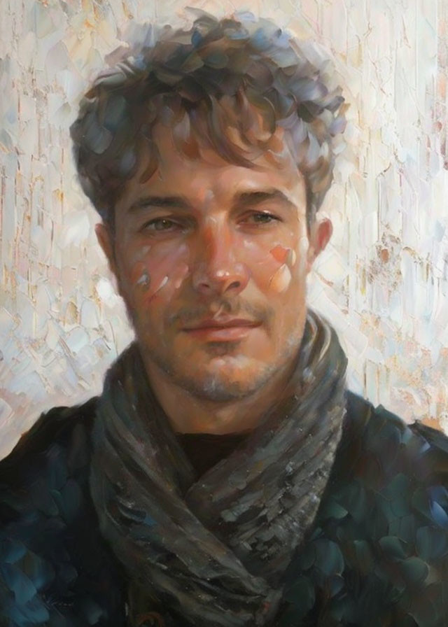 Contemplative man with stubble and scarf in impressionistic portrait.