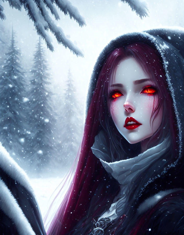 Digital artwork of woman with red eyes and hair in black cloak in snowy forest