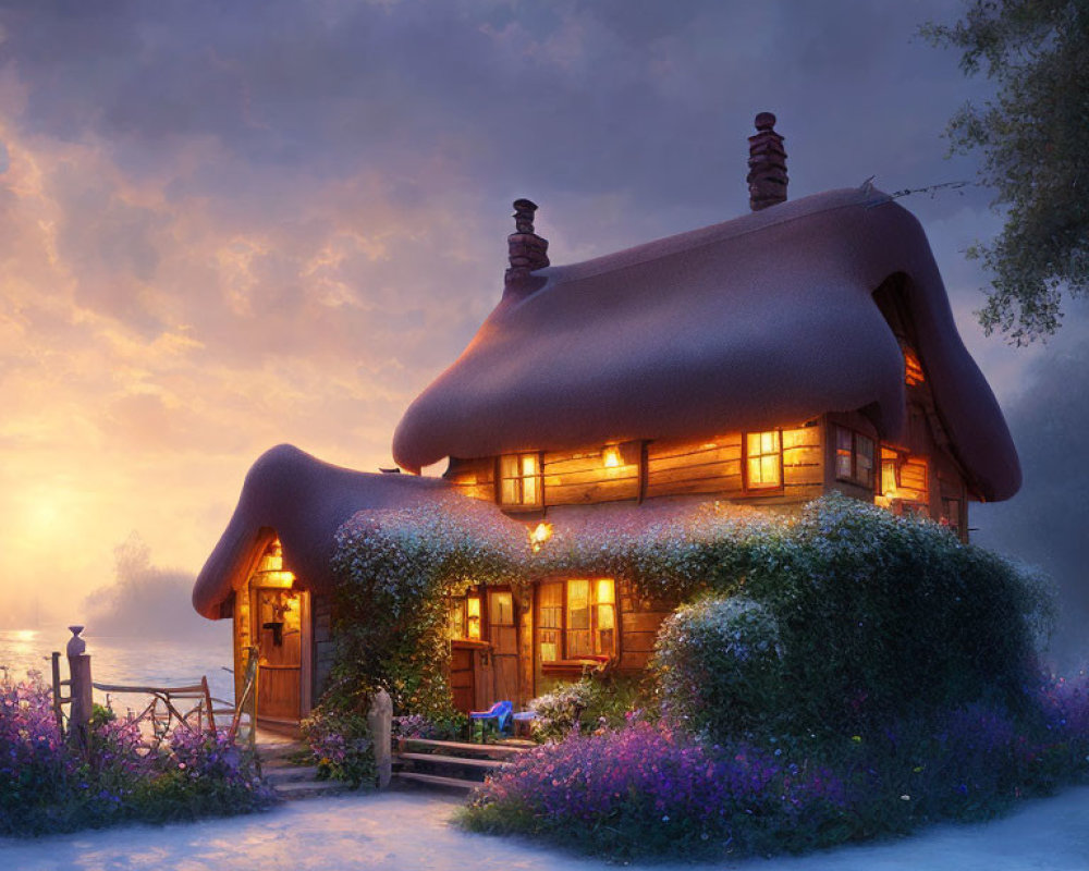 Thatched-Roof Cottage by Serene Lake at Dusk