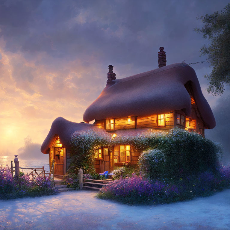 Thatched-Roof Cottage by Serene Lake at Dusk