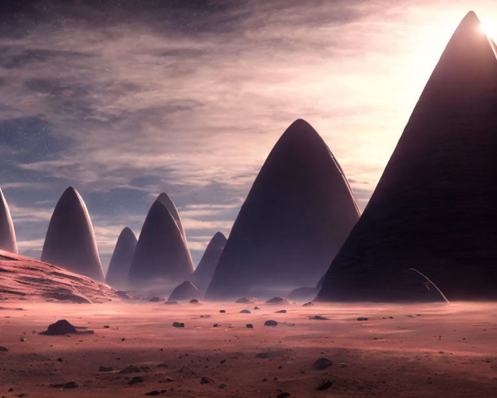 Surreal extraterrestrial landscape with dark monoliths under red sky