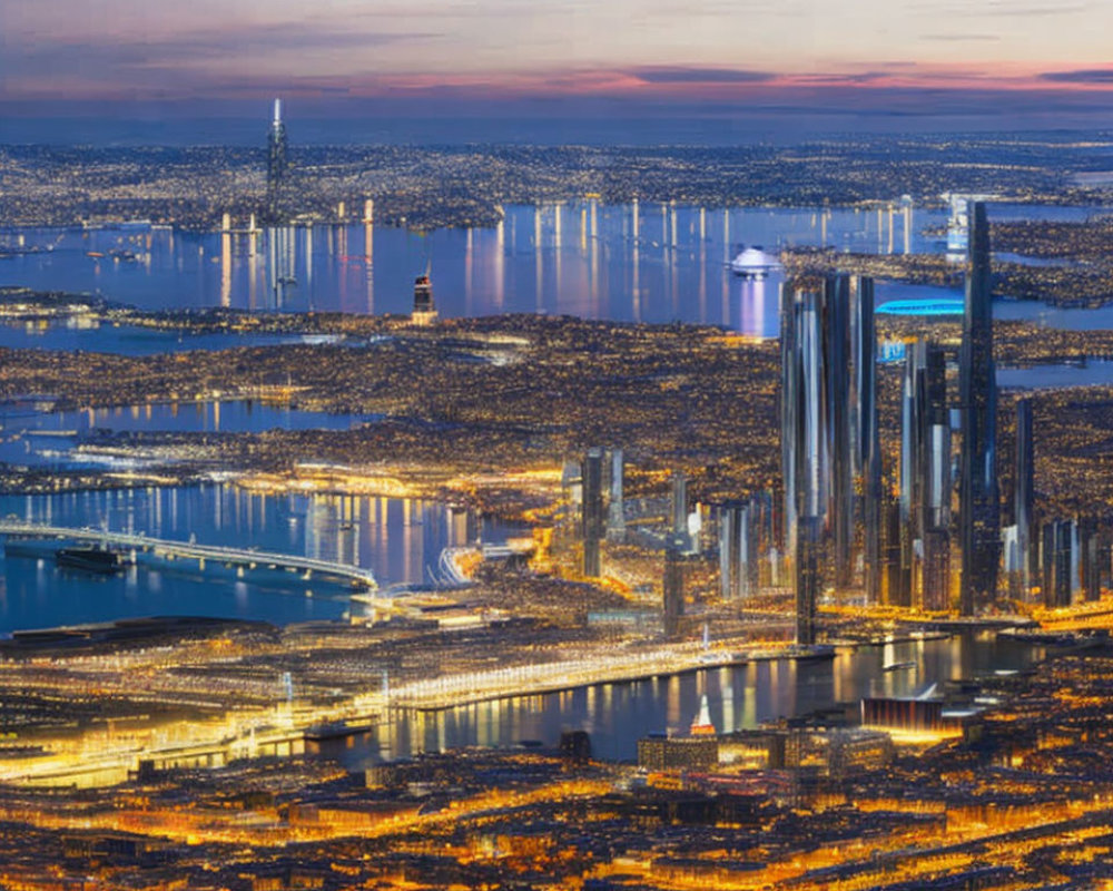 Twilight aerial view of illuminated city skyline & urban lights