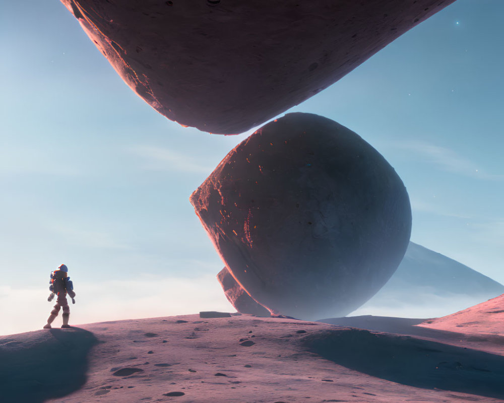 Astronaut explores alien world with towering boulders under dusky sky