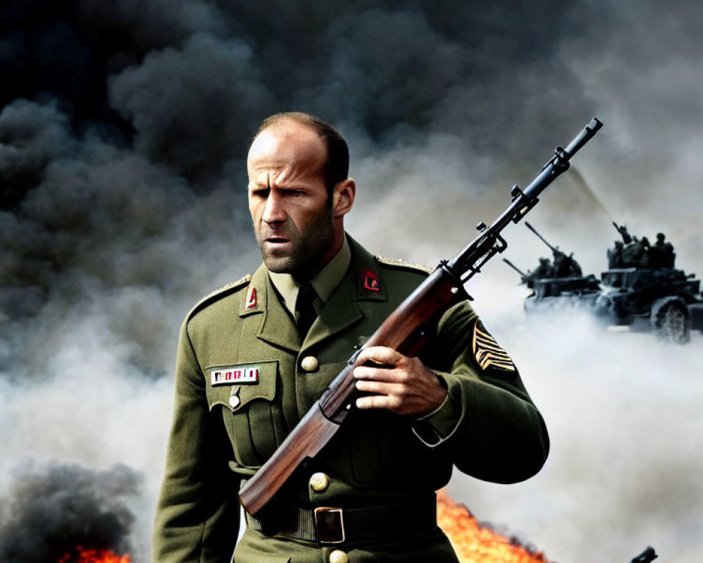 Military soldier in uniform with rifle amidst explosions and vehicles