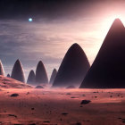 Surreal extraterrestrial landscape with dark monoliths under red sky