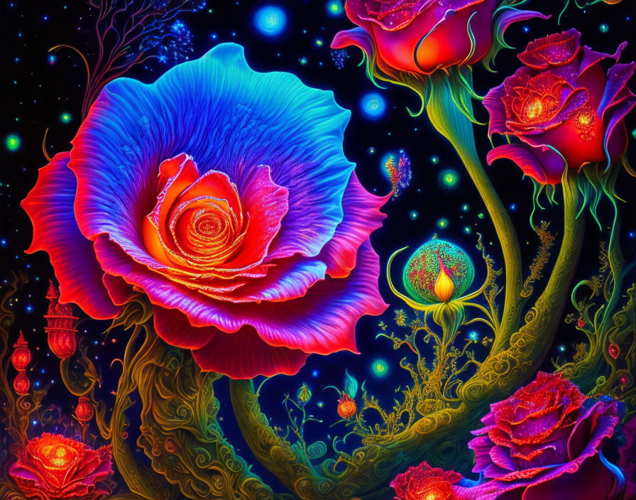 Colorful Psychedelic Rose and Flowers on Dark Background