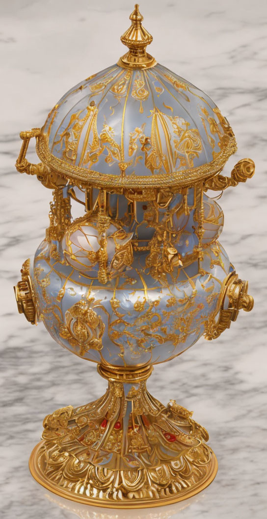 Blue and Gold Ornate Samovar on Marbled Background