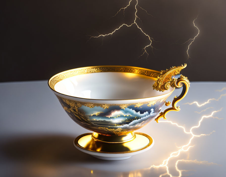 Golden Cup with Landscape Designs on Dark Background