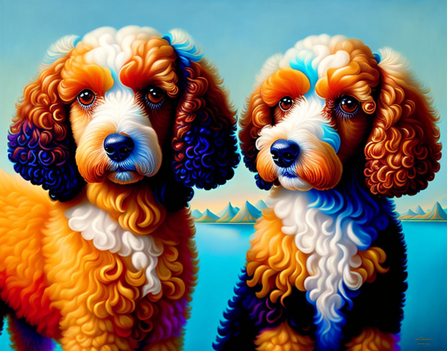 Colorful Stylized Poodles with Exaggerated Curly Fur on Seascape Background