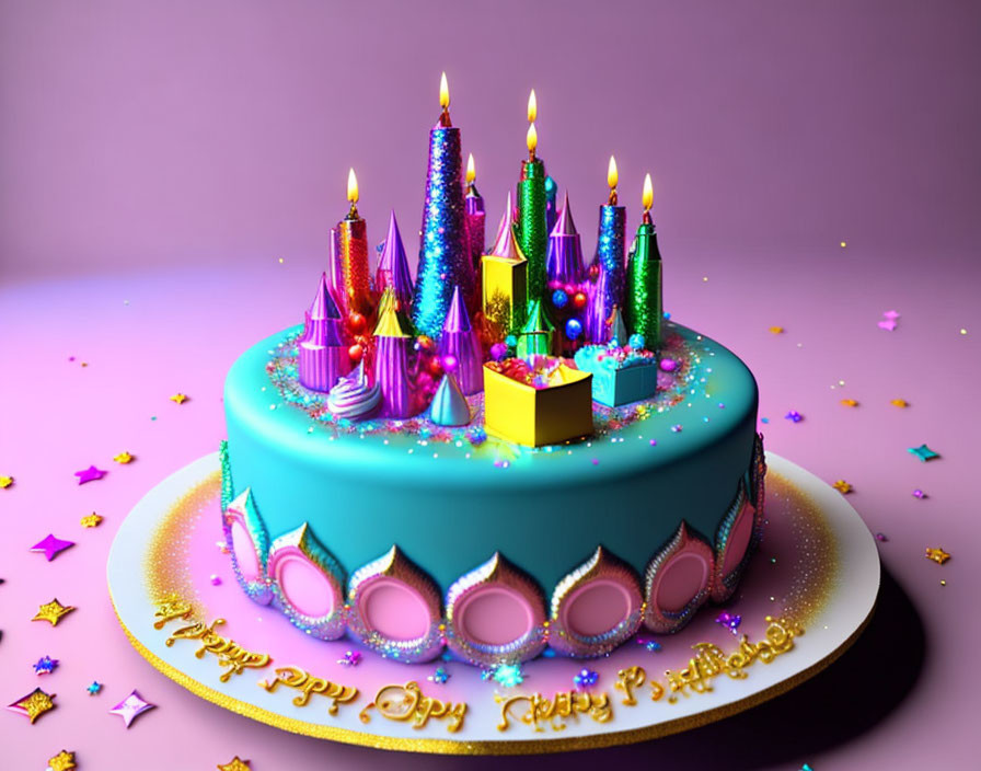 Vibrant birthday cake with candles and sparkles on purple background