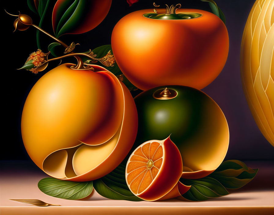 Vibrant hyper-realistic painting of sliced oranges on dark background