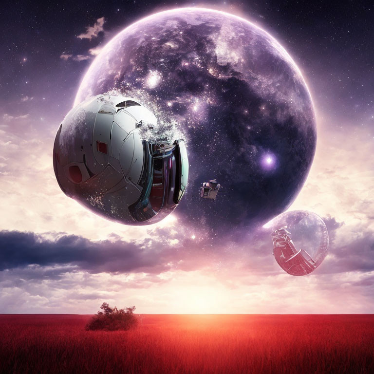 Surreal astronaut helmet with floating visors on crimson field under twilight sky