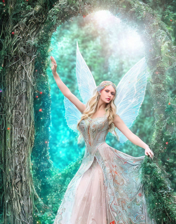 Fairy costume in enchanting forest with translucent wings