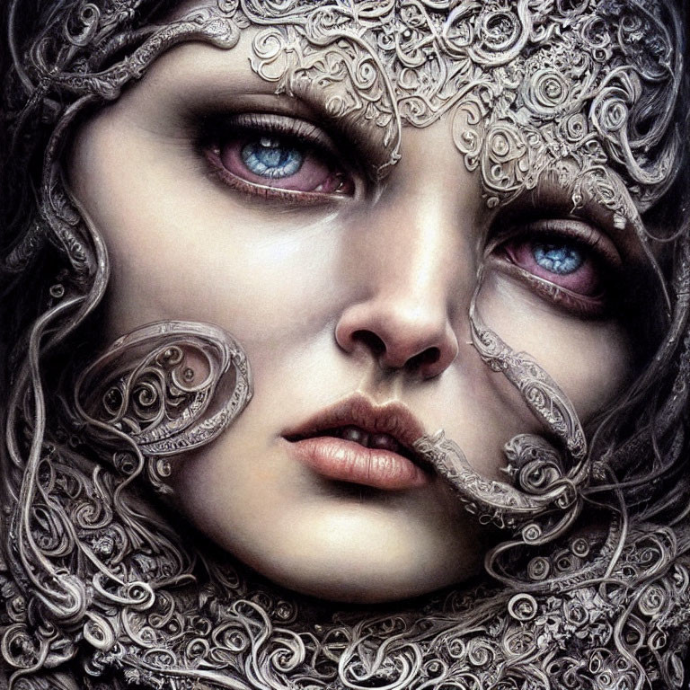 Close-up portrait of person with silver filigree designs and blue eyes