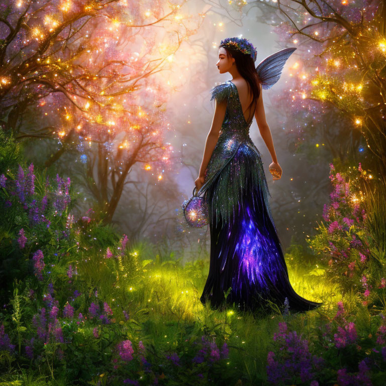 Mystical fairy with glowing orb in enchanting forest