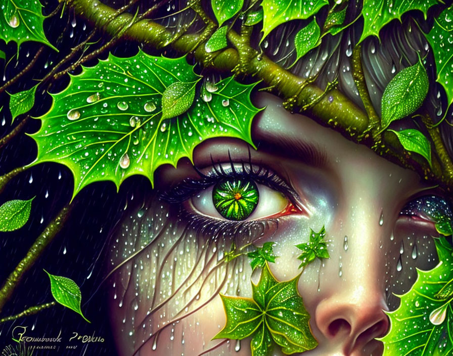 Detailed artistic rendering of woman's face with green eyes and leaf adornments.