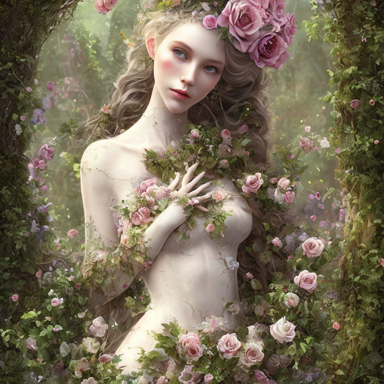 Feminine figure with roses in enchanted floral digital art