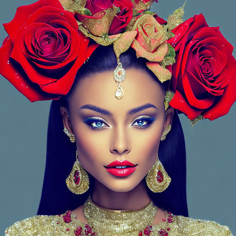 Woman with dramatic makeup and blue eyes in gold and red floral headdress