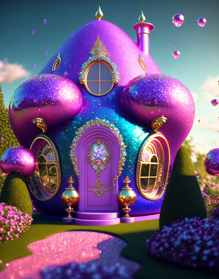 Whimsical Purple House in Lush Greenery and Floating Bubbles