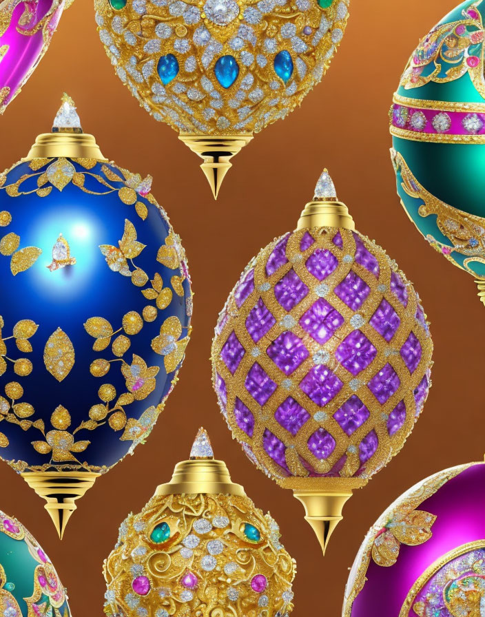 Fabergé Egg-Inspired Ornaments in Gold, Blue, and Purple Gradient