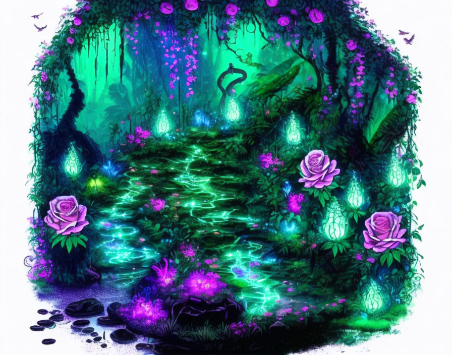 Mystical Forest with Neon Glowing Plants and Luminous Flowers