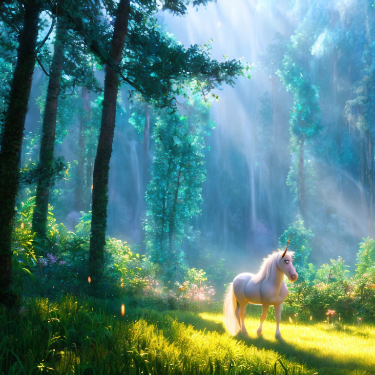 Majestic unicorn in sunlit forest clearing surrounded by tall trees