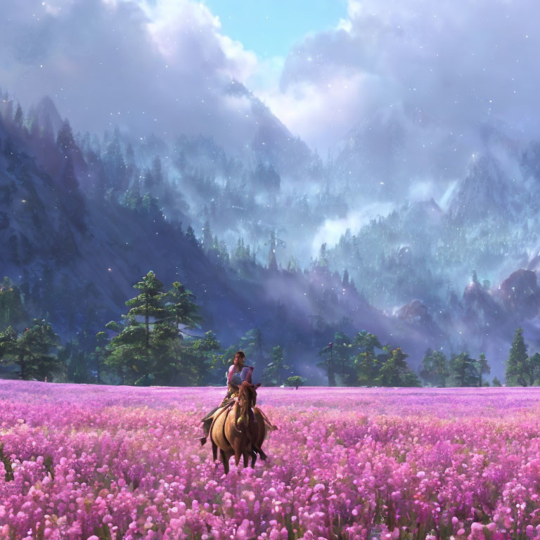 Horse rider in pink flower field with misty mountains and evergreens