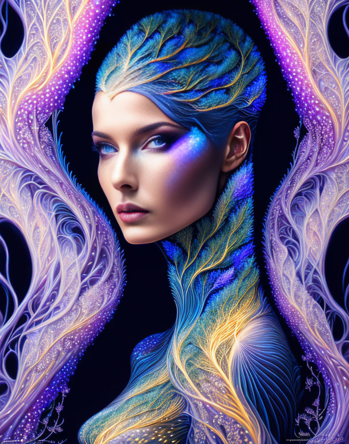 Surreal portrait of a woman with blue and purple hues and intricate feather-like patterns