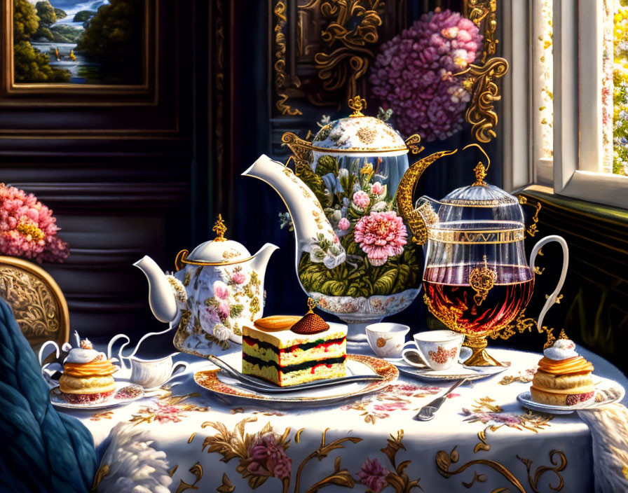 Tea set with teapot, cups, pastries on table by scenic window