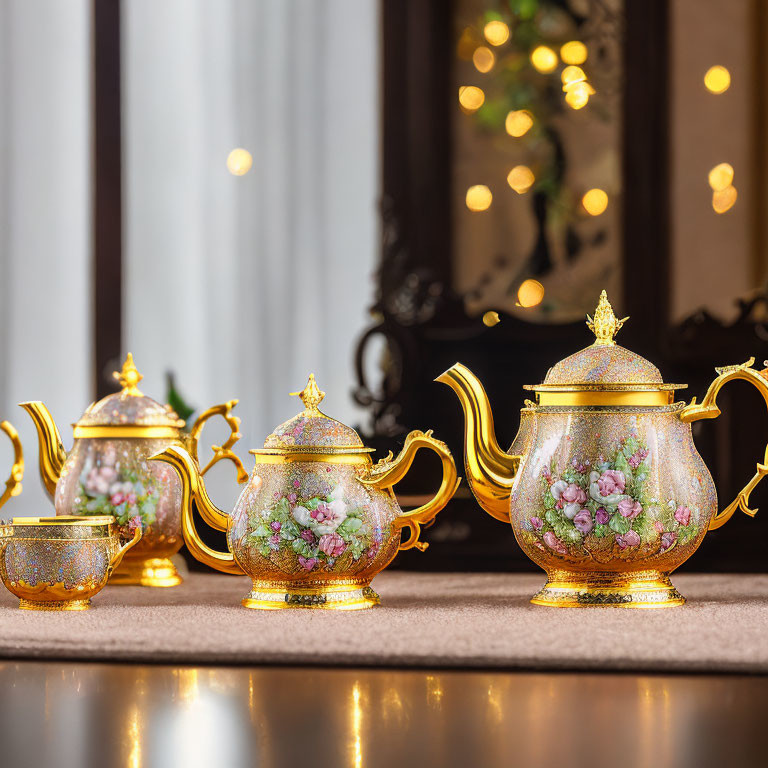 Floral Design Porcelain Teapot Set on Festive Background