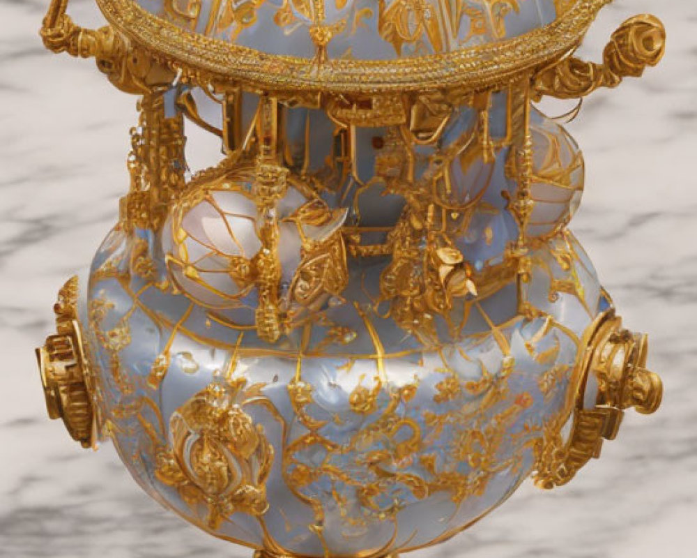 Blue and Gold Ornate Samovar on Marbled Background