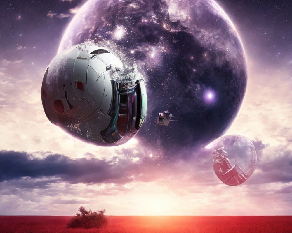 Surreal astronaut helmet with floating visors on crimson field under twilight sky