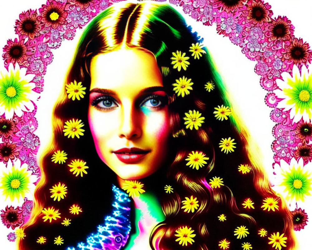 Vibrant psychedelic artwork of woman with blue eyes and long hair