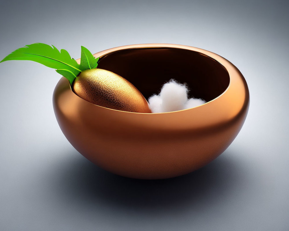 Bronze spherical bowl with gold fruit, green leaf, and white cotton tuft