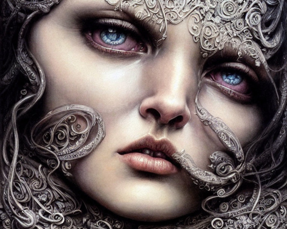 Close-up portrait of person with silver filigree designs and blue eyes