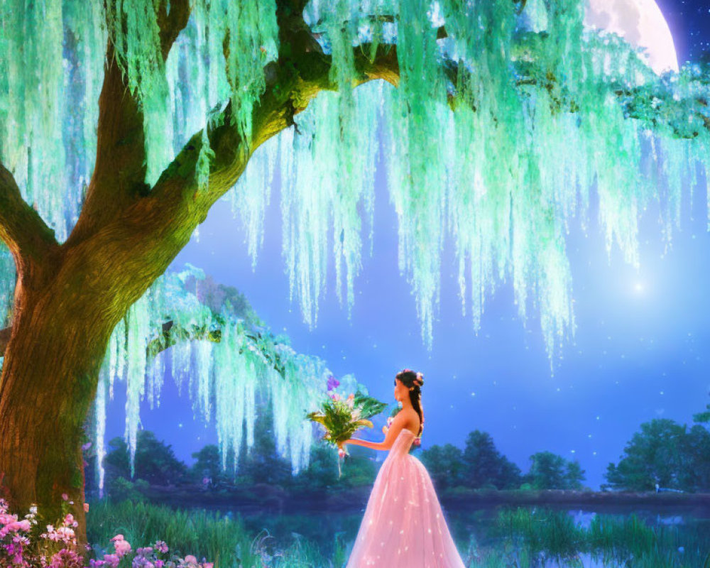 Woman in pink gown under willow tree by moonlit lake