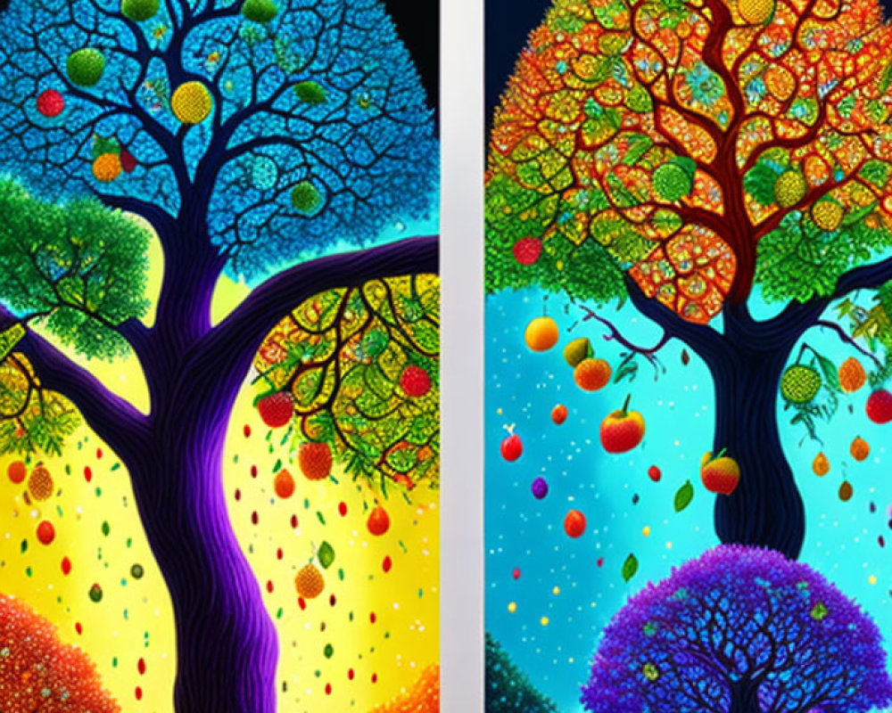 Split image of vibrant stylized trees in various colors against day and night background