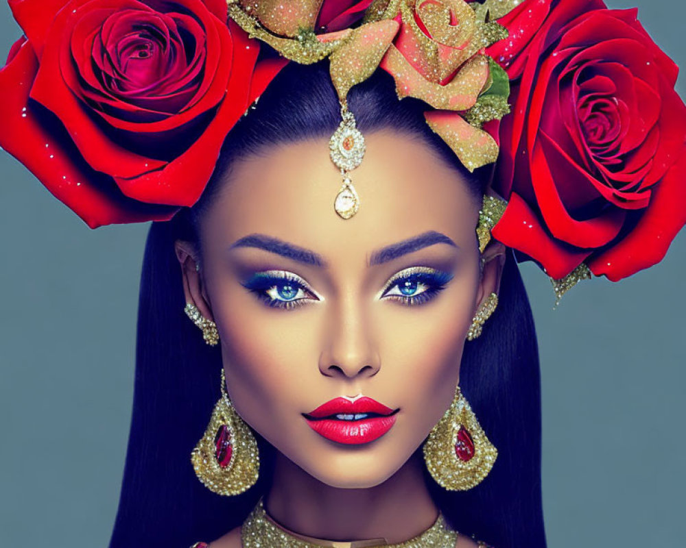 Woman with dramatic makeup and blue eyes in gold and red floral headdress