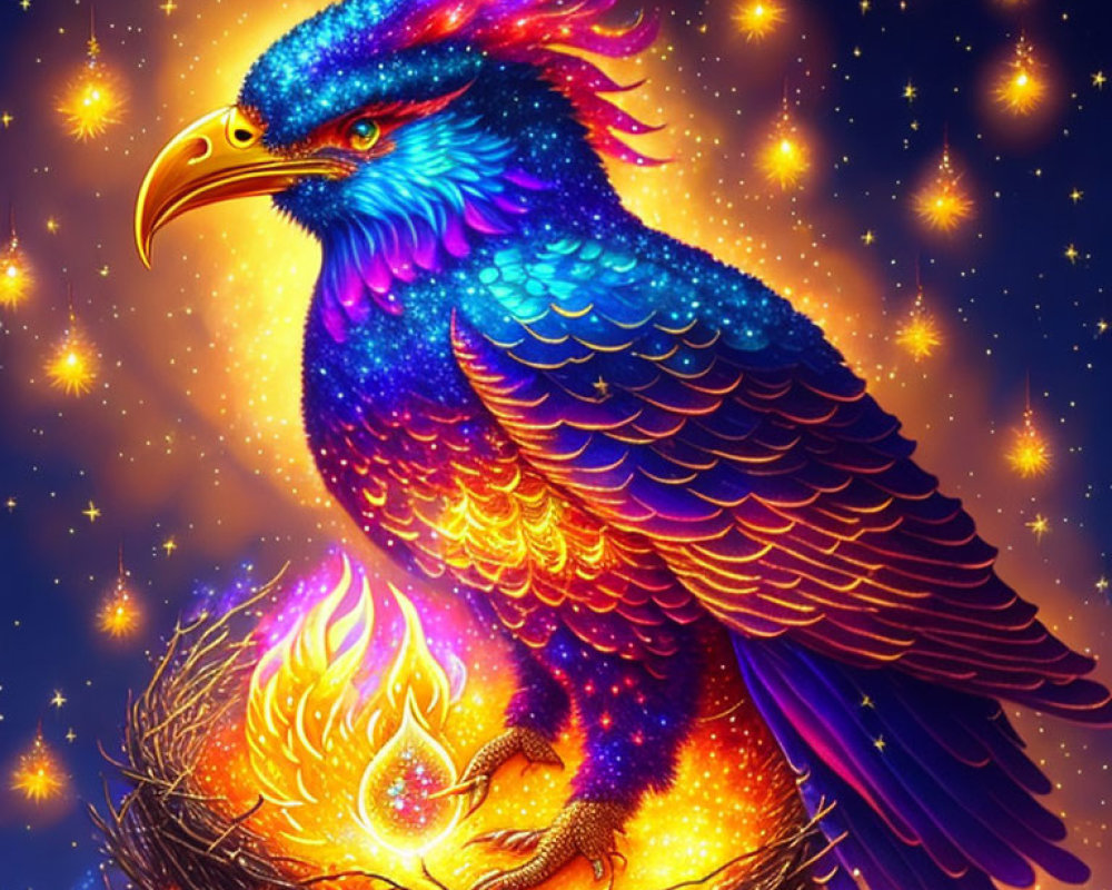 Colorful mythical phoenix perched on flaming nest in cosmic setting