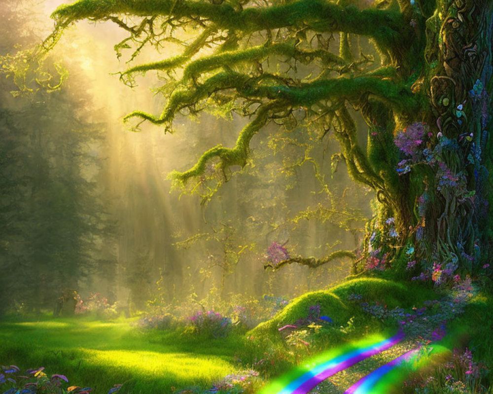 Enchanted forest with moss-covered trees and rainbow.